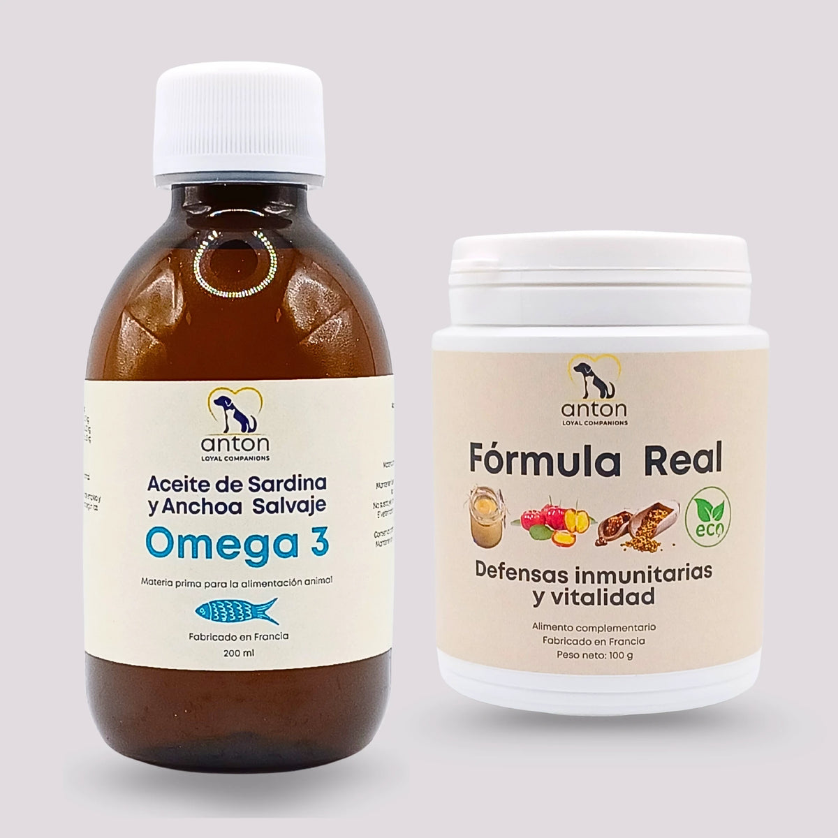 Cuidado completo de piel, pelaje y energía para perros y gatos ANTON Loyal Companions con aceite de sardina y anchoa salvaje Omega 3 y Fórmula Real ECO para defensas y vitalidad, fabricado en Francia.