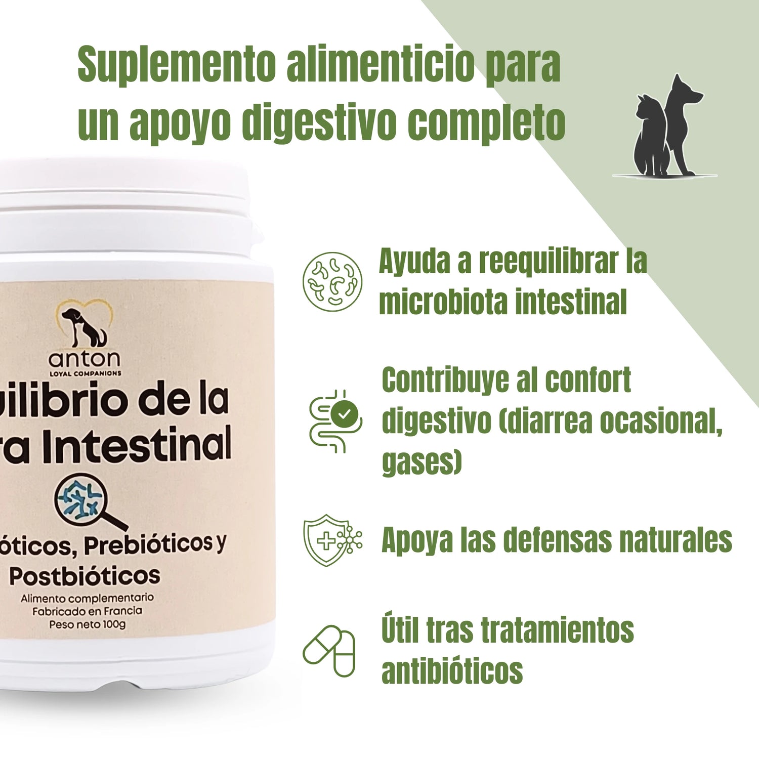 Suplemento natural para el equilibrio de la flora intestinal en perros y gatos ANTON Loyal Companions con probióticos, prebióticos y postbióticos que ayudan a reequilibrar la microbiota, mejorar el confort digestivo y apoyar las defensas naturales, fabricado en Francia.