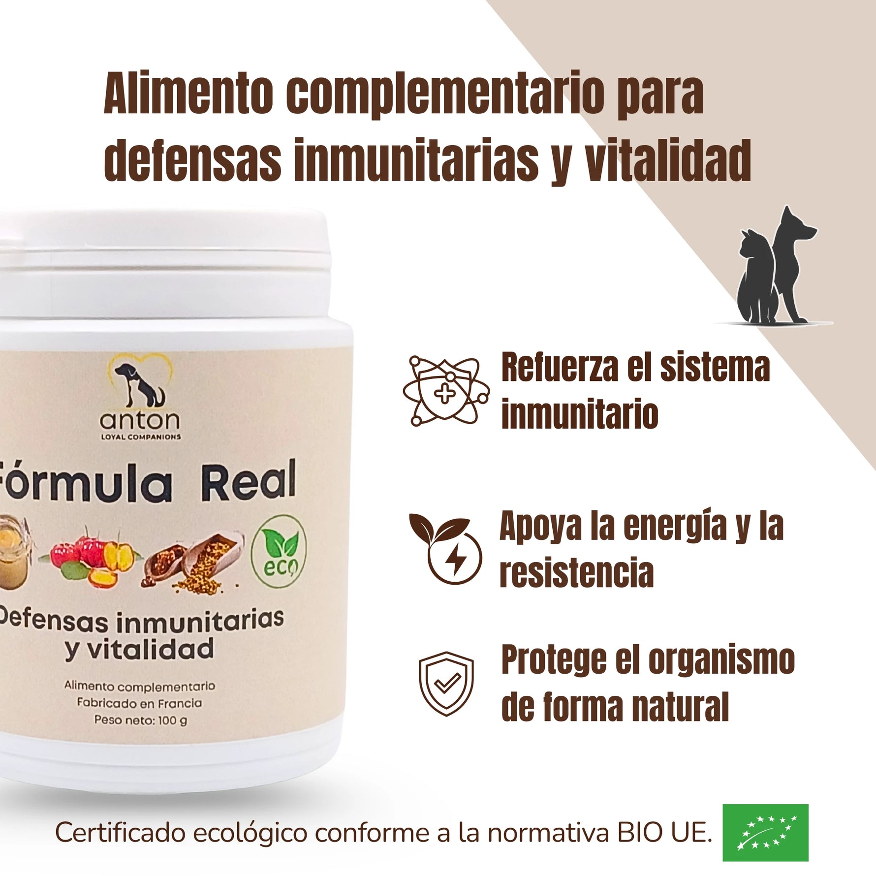 Suplemento natural Fórmula Real ECO para perros y gatos ANTON Loyal Companions que refuerza las defensas inmunitarias, apoya la energía y la resistencia y protege el organismo de forma natural, certificado ecológico BIO UE y fabricado en Francia.