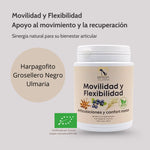 Suplemento natural Movilidad y Flexibilidad ECO para perros y gatos, bote con ingredientes harpagofito, grosellero negro y ulmaria, certificado Ecocert, sobre fondo claro.