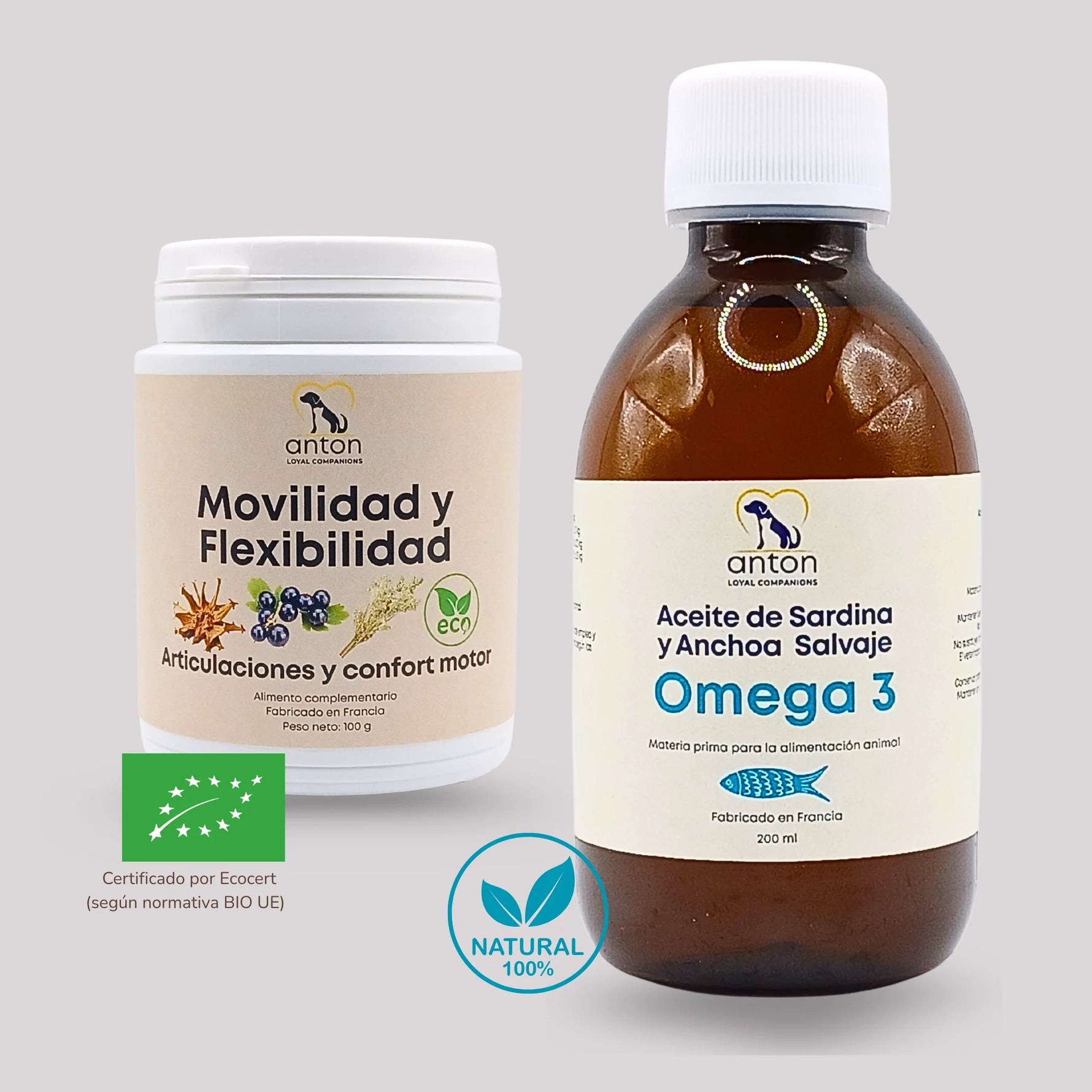 Suplementos naturales para perros y gatos: Fórmula Movilidad y Flexibilidad ECO y Aceite Omega-3 de sardina y anchoa salvaje, colocados sobre fondo claro para ilustrar el cuidado articular y la movilidad.