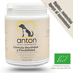 Envase del suplemento natural ecológico ANTON "Fórmula Movilidad y Flexibilidad" para perros y gatos con rigidez articular.