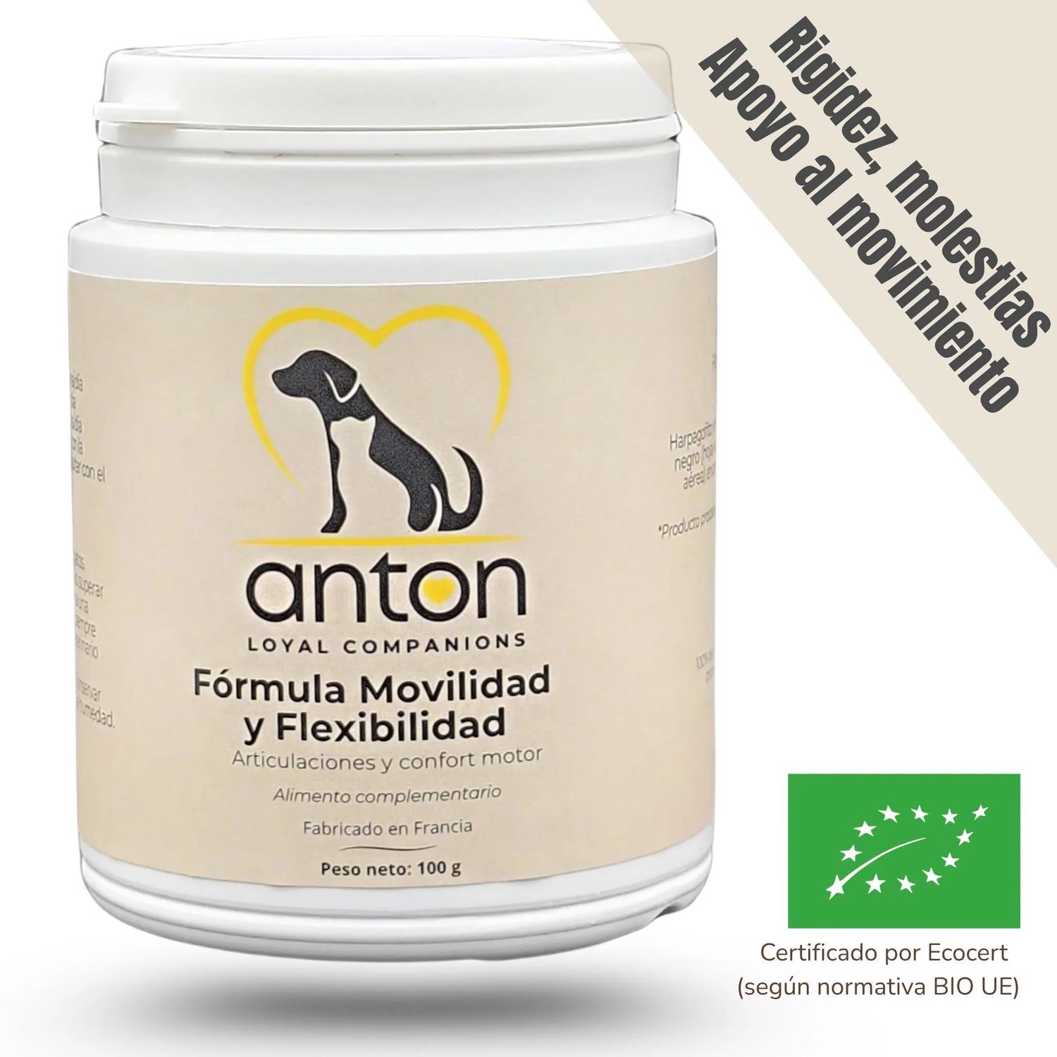 Envase del suplemento natural ecológico ANTON "Fórmula Movilidad y Flexibilidad" para perros y gatos con rigidez articular.