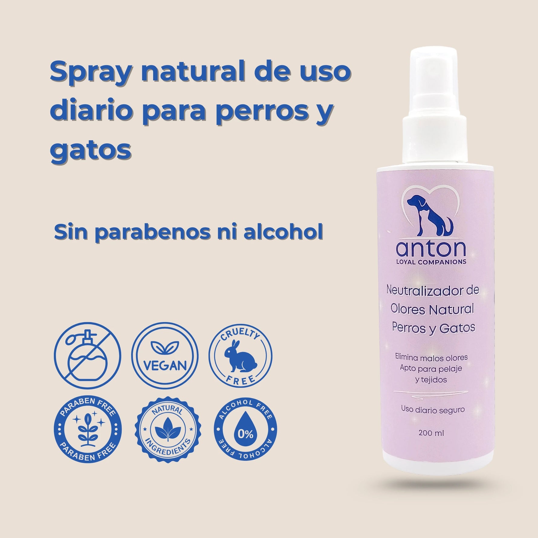 Spray neutralizador de olores natural para perros y gatos, de uso diario, sin alcohol ni parabenos, fórmula vegana