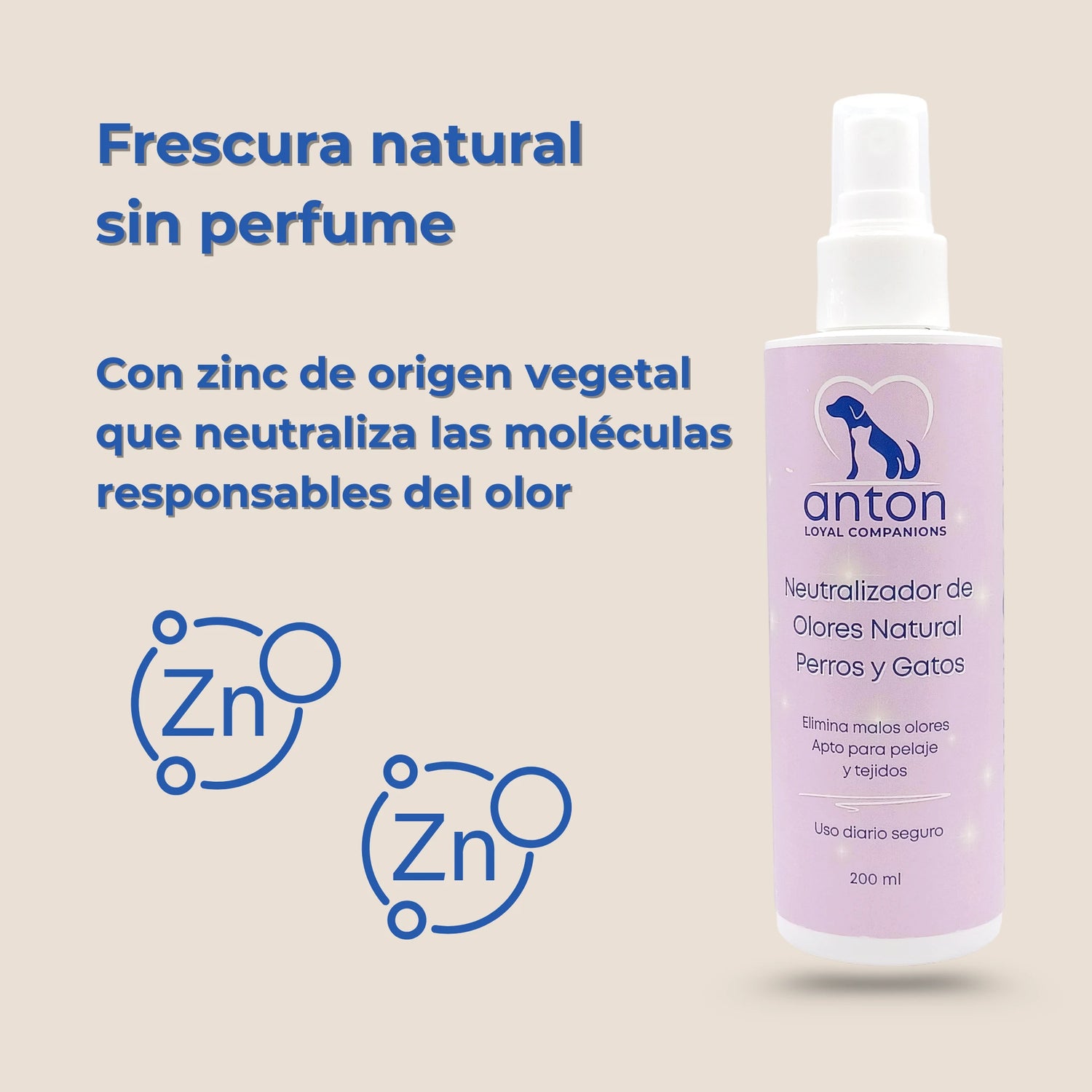Spray neutralizador de olores natural para perros y gatos, sin perfume, con zinc de origen vegetal que actúa sobre las moléculas responsables del olor