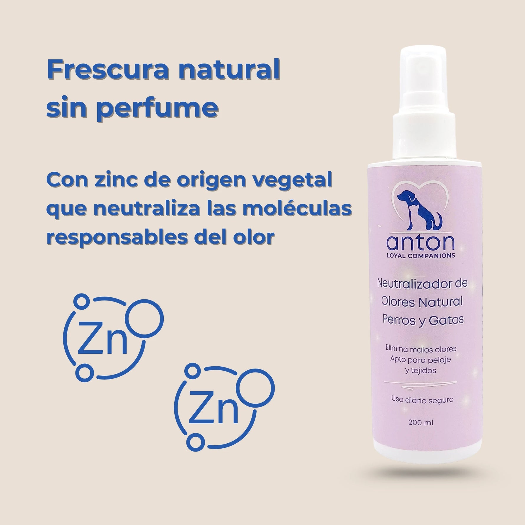 Spray neutralizador de olores natural para perros y gatos, sin perfume, con zinc de origen vegetal que actúa sobre las moléculas responsables del olor