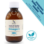 Aceite Omega 3 de sardina y anchoa salvaje ANTON, beneficios para articulaciones, piel y pelaje, imagen con sello natural