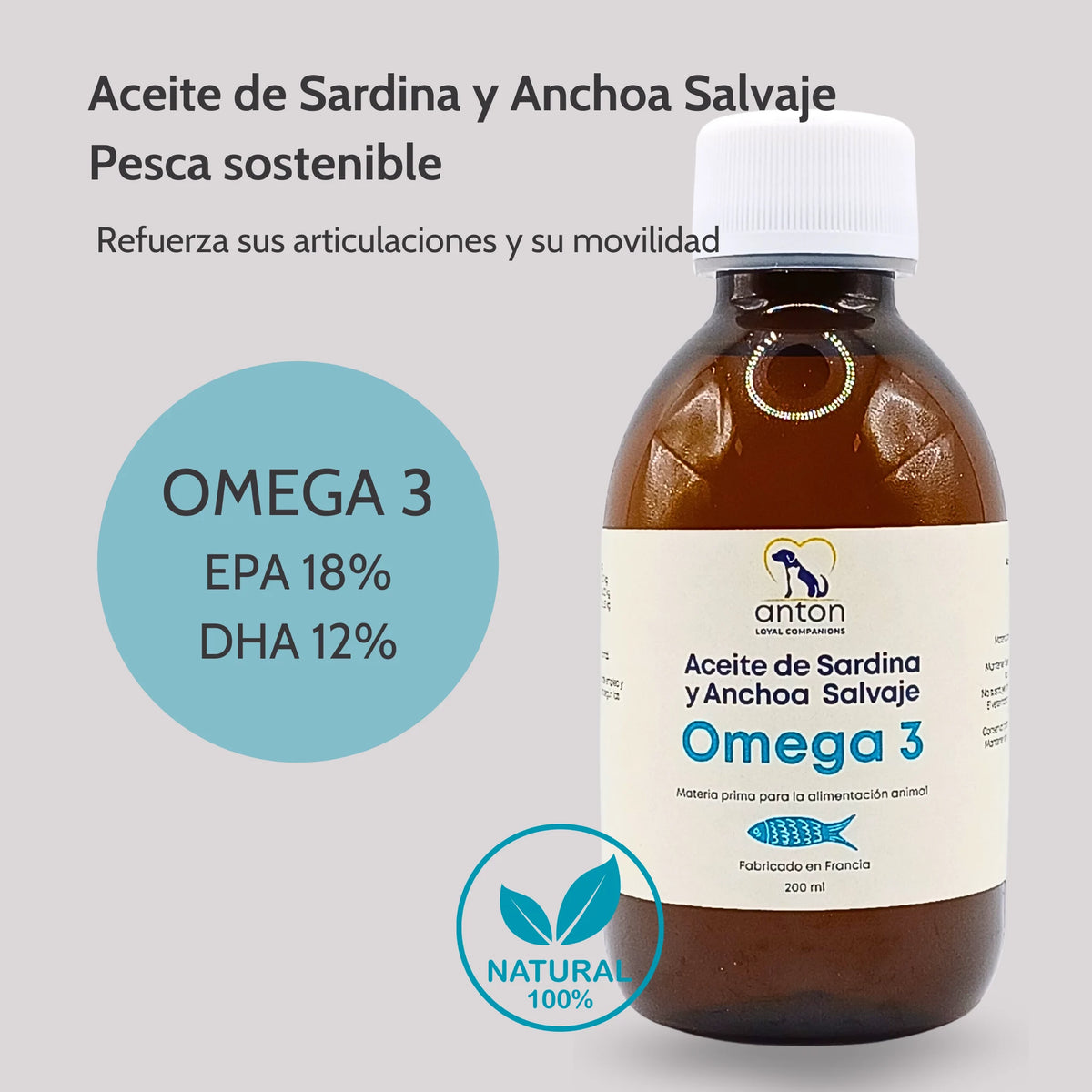 Aceite de sardina y anchoa salvaje Omega 3 para perros y gatos, botella sobre fondo claro con información EPA 18 % y DHA 12 %. Suplemento natural para articulaciones y movilidad.