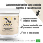 Beneficios del suplemento ANTON Psyllium: regula el tránsito intestinal y favorece una digestión sana y estable.