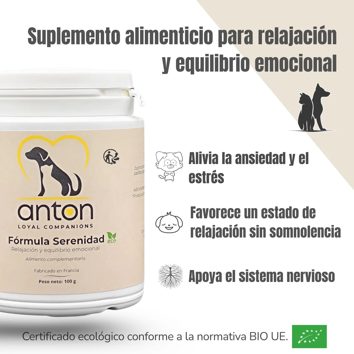 Beneficios del suplemento ANTON: alivia el estrés, favorece la relajación sin somnolencia y apoya el sistema nervioso.