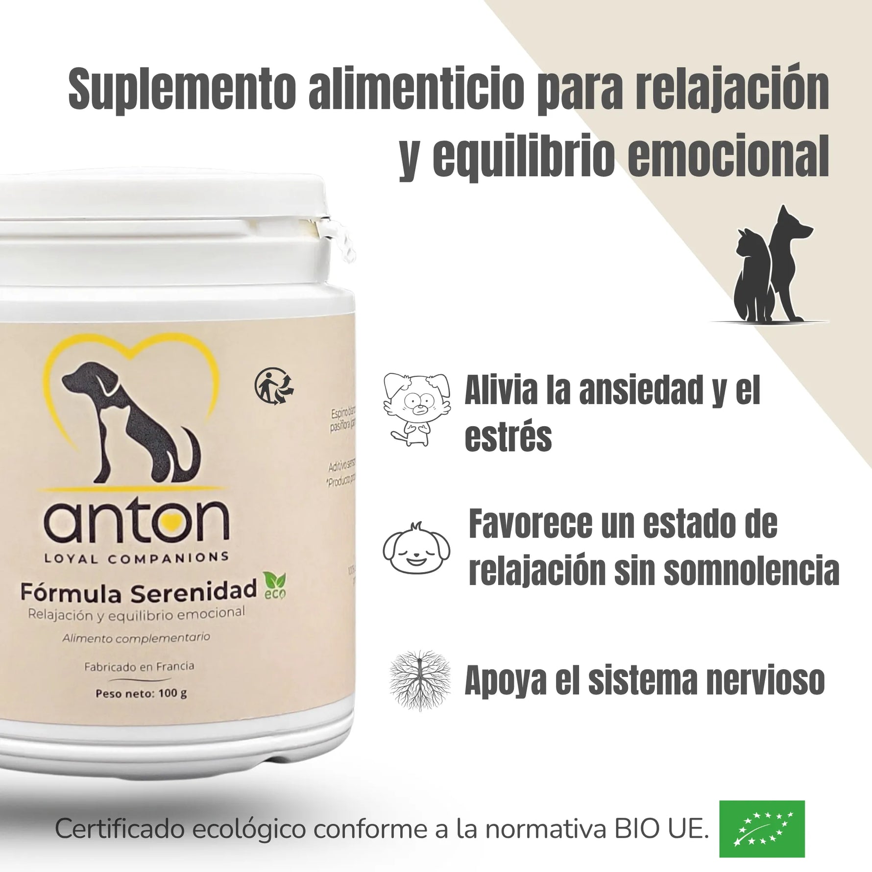 Beneficios del suplemento ANTON: alivia el estrés, favorece la relajación sin somnolencia y apoya el sistema nervioso.