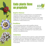 Descripción de ingredientes naturales del suplemento: espino blanco, pasiflora y valeriana, conocidos por sus efectos calmantes.