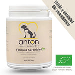 Envase del suplemento natural ecológico ANTON "Fórmula Serenidad" para perros y gatos con estrés o ansiedad.
