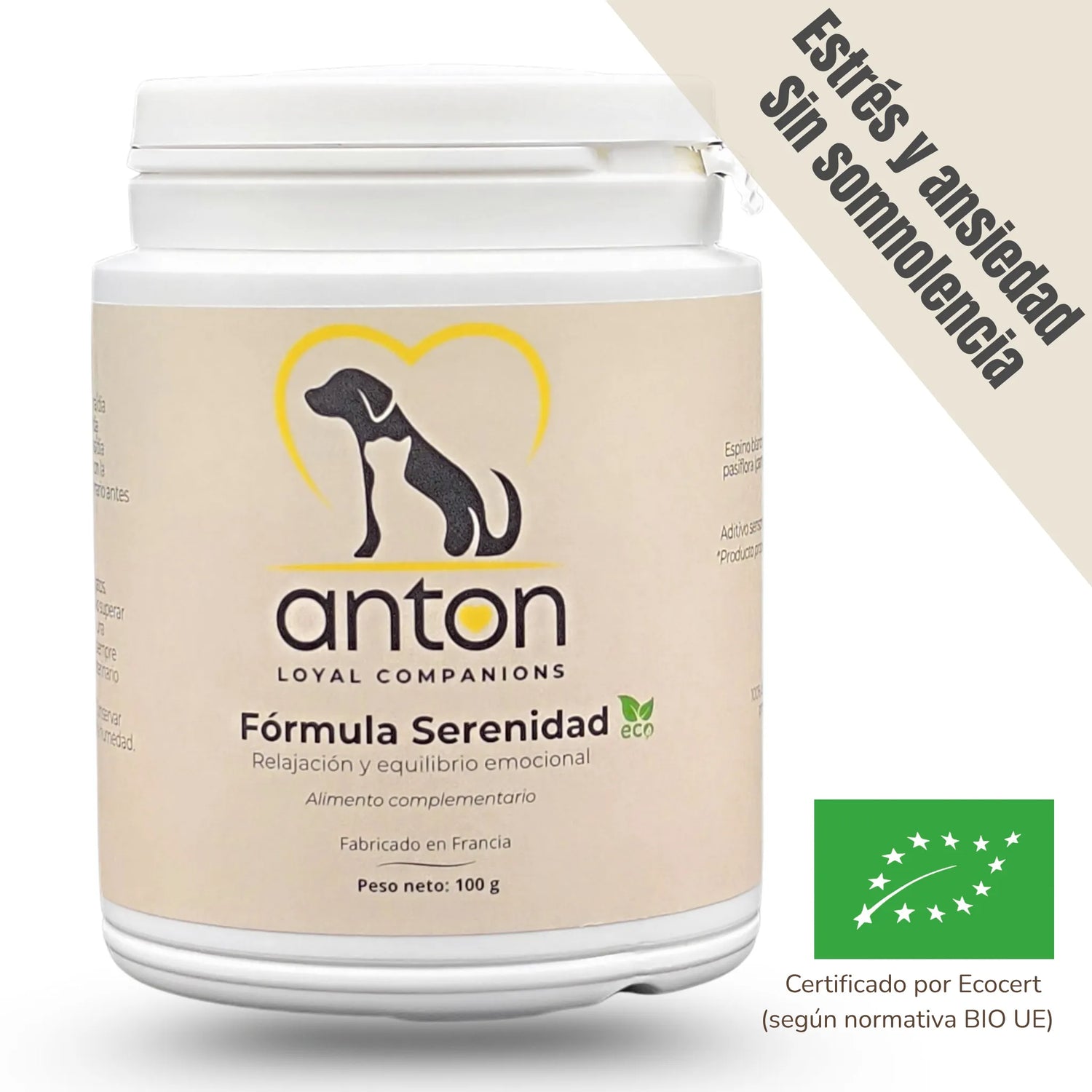 Envase del suplemento natural ecológico ANTON "Fórmula Serenidad" para perros y gatos con estrés o ansiedad.