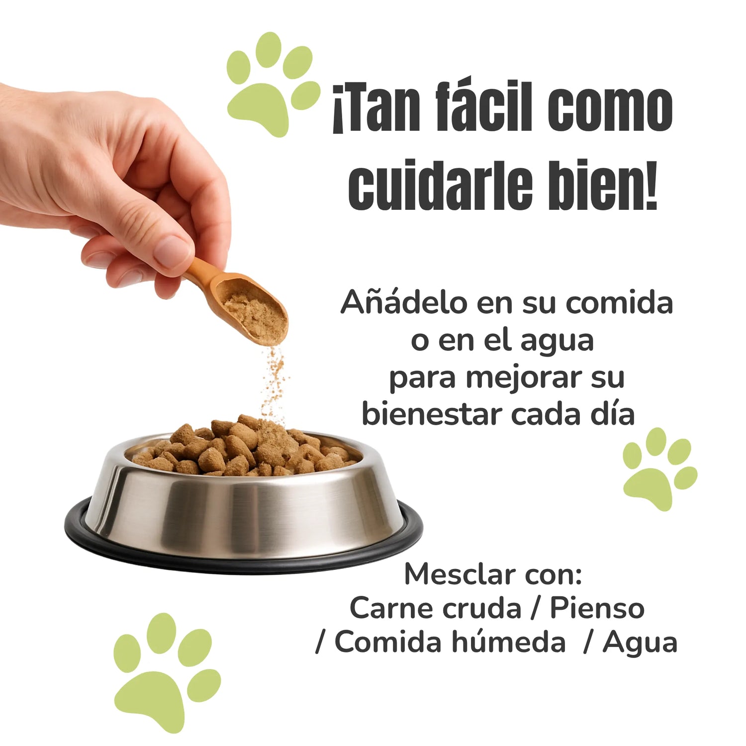 Modo de empleo del suplemento: mezclar con comida o agua. Compatible con pienso, carne o comida húmeda.