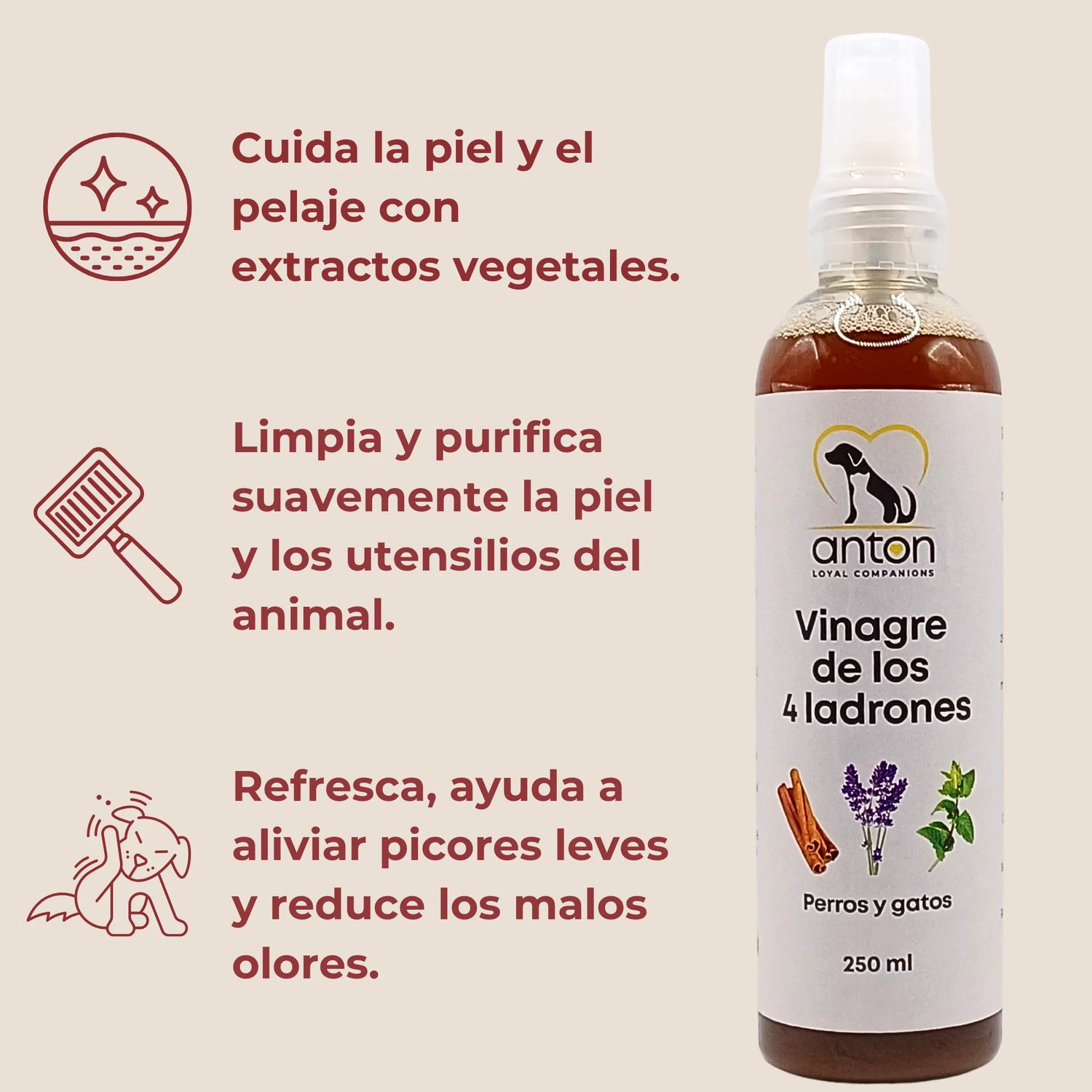 Vinagre de los 4 ladrones de ANTON, cuidado de la piel y el pelaje con extractos vegetales y limpieza suave para perros y gatos