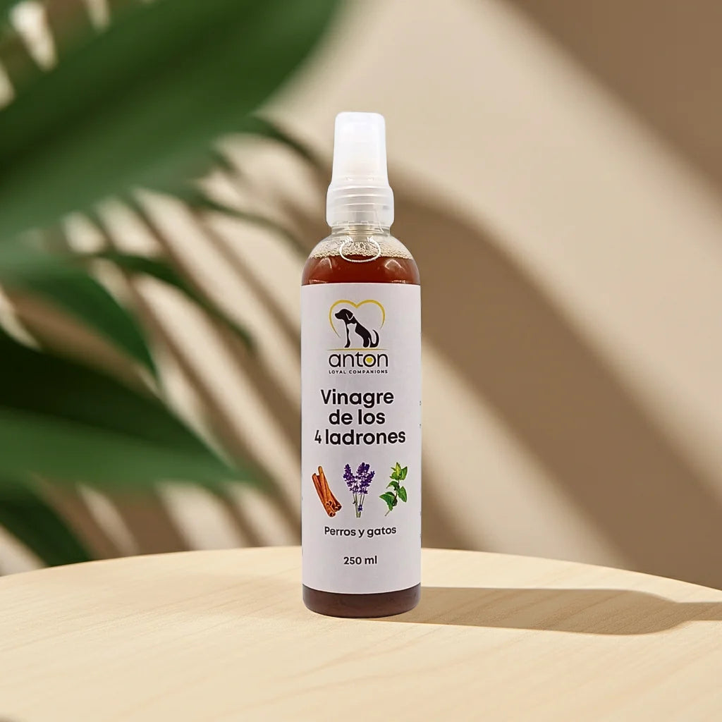 Vinagre de los 4 ladrones natural para perros y gatos de ANTON, botella de 250 ml sobre fondo neutro