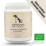 Envase del suplemento natural ecológico ANTON "Fórmula Vitalidad y Corazón" para perros y gatos con falta de energía.