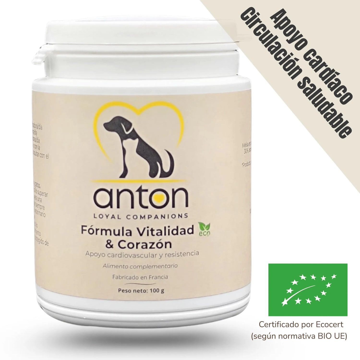 Envase del suplemento natural ecológico ANTON "Fórmula Vitalidad y Corazón" para perros y gatos con falta de energía.