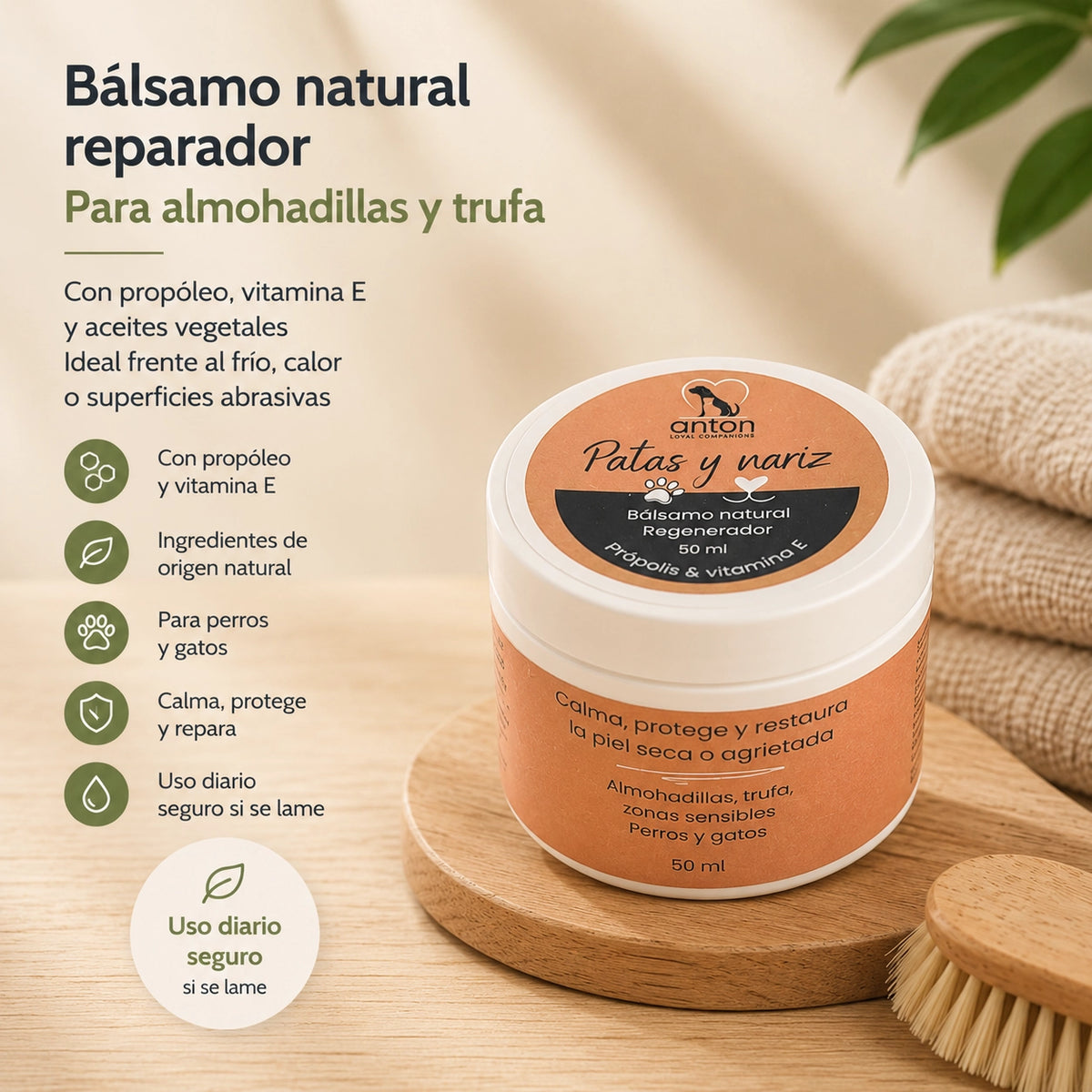 Bálsamo natural reparador para almohadillas y trufa de perros y gatos ANTON Loyal Companions con propóleo, vitamina E y aceites vegetales