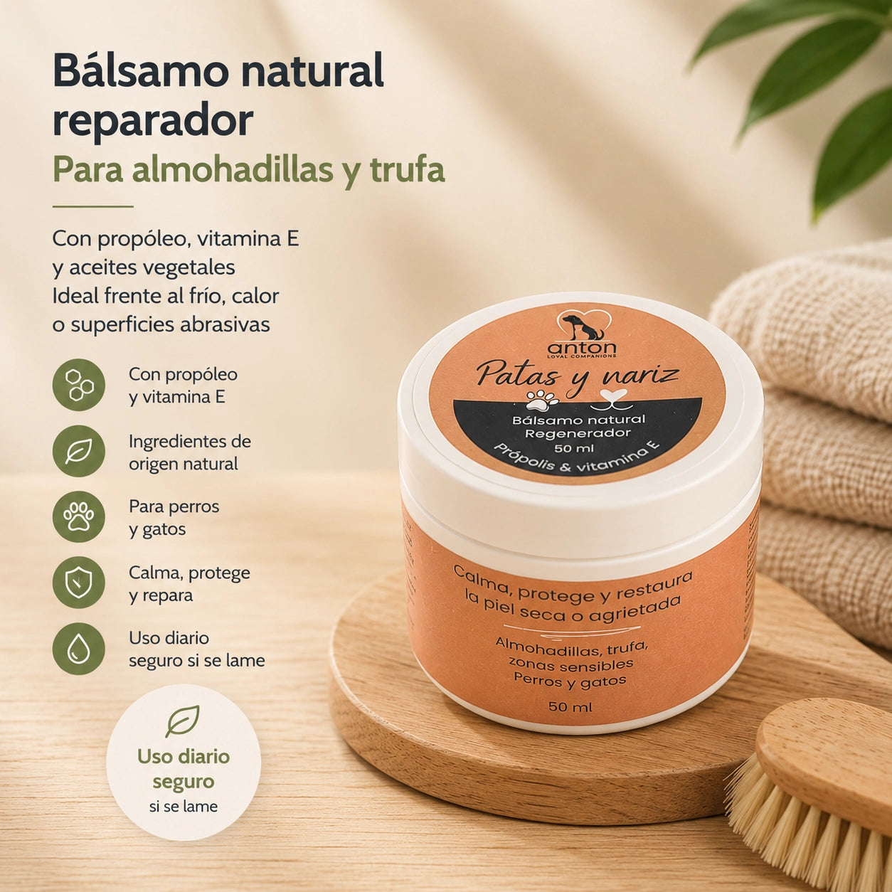 Bálsamo natural reparador para almohadillas y trufa de perros y gatos ANTON Loyal Companions con propóleo, vitamina E y aceites vegetales