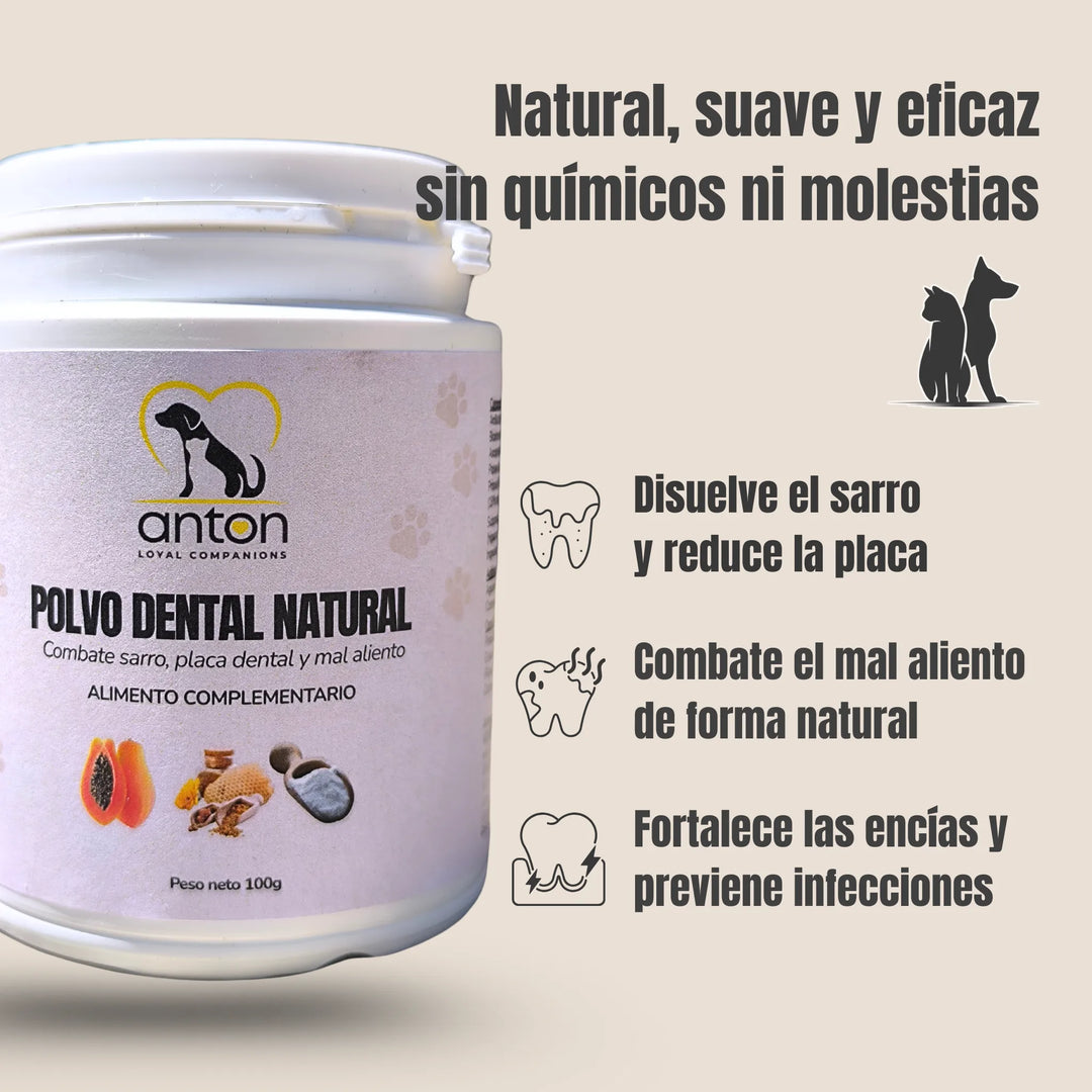 Presentación de beneficios del polvo dental ANTON: disuelve sarro, combate mal aliento y fortalece encías