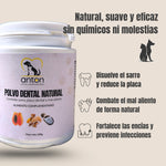 Presentación de beneficios del polvo dental ANTON: disuelve sarro, combate mal aliento y fortalece encías