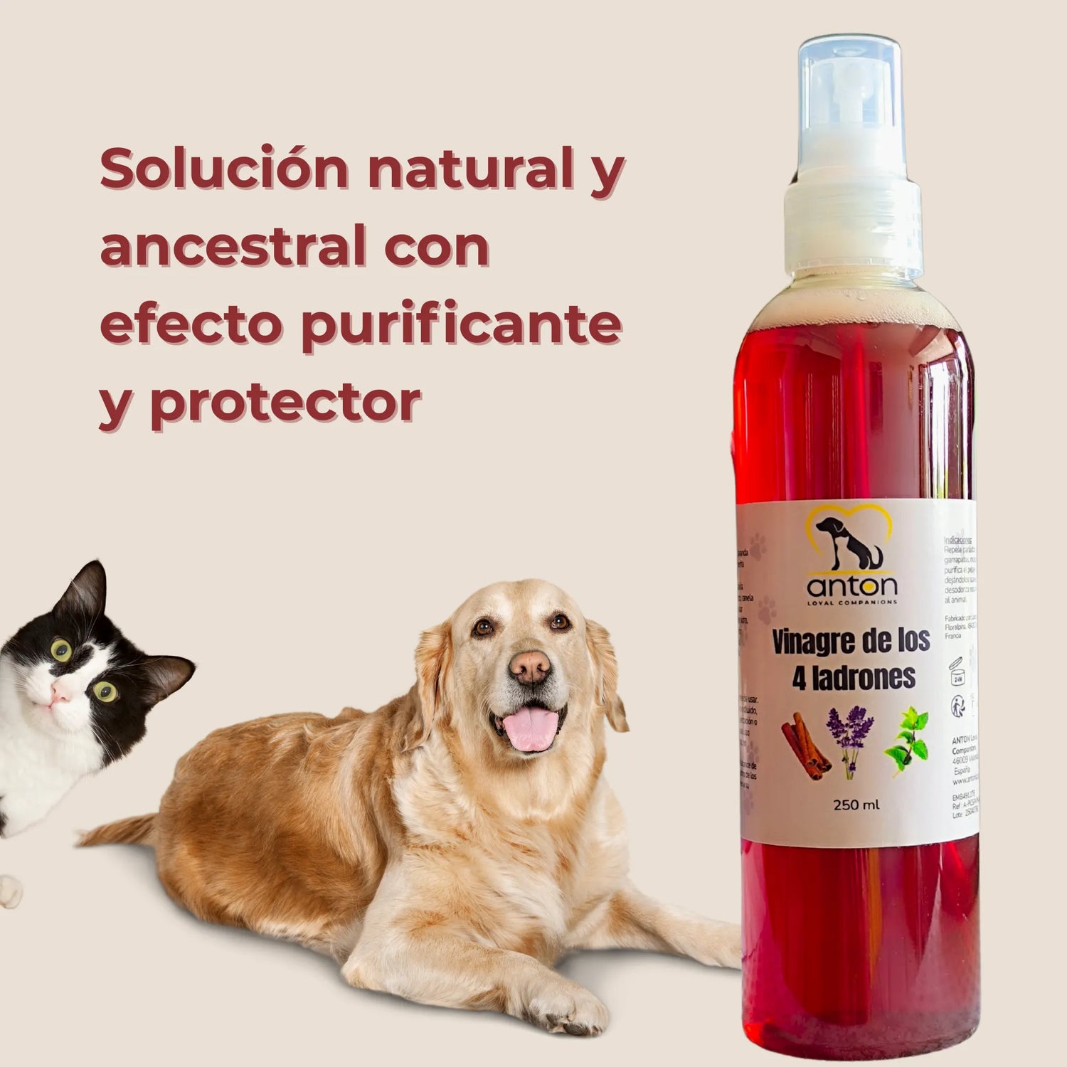 Solución natural y ancestral ANTON con efecto purificante y protector para perros y gatos