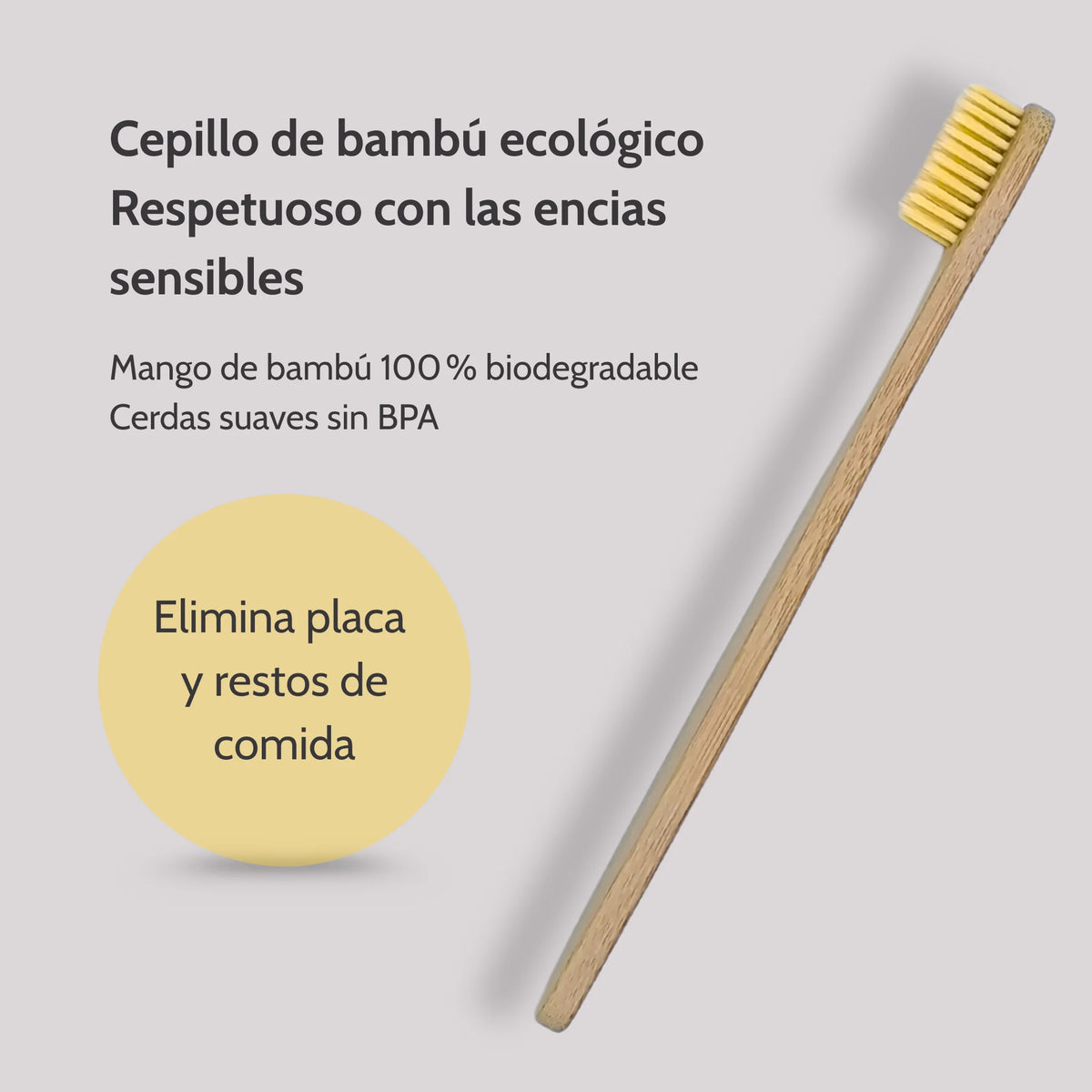 Cepillo de bambú ecológico de Anton Loyal Companions con cerdas suaves sin BPA, presentado sobre fondo claro con mensaje de cuidado para encías sensibles