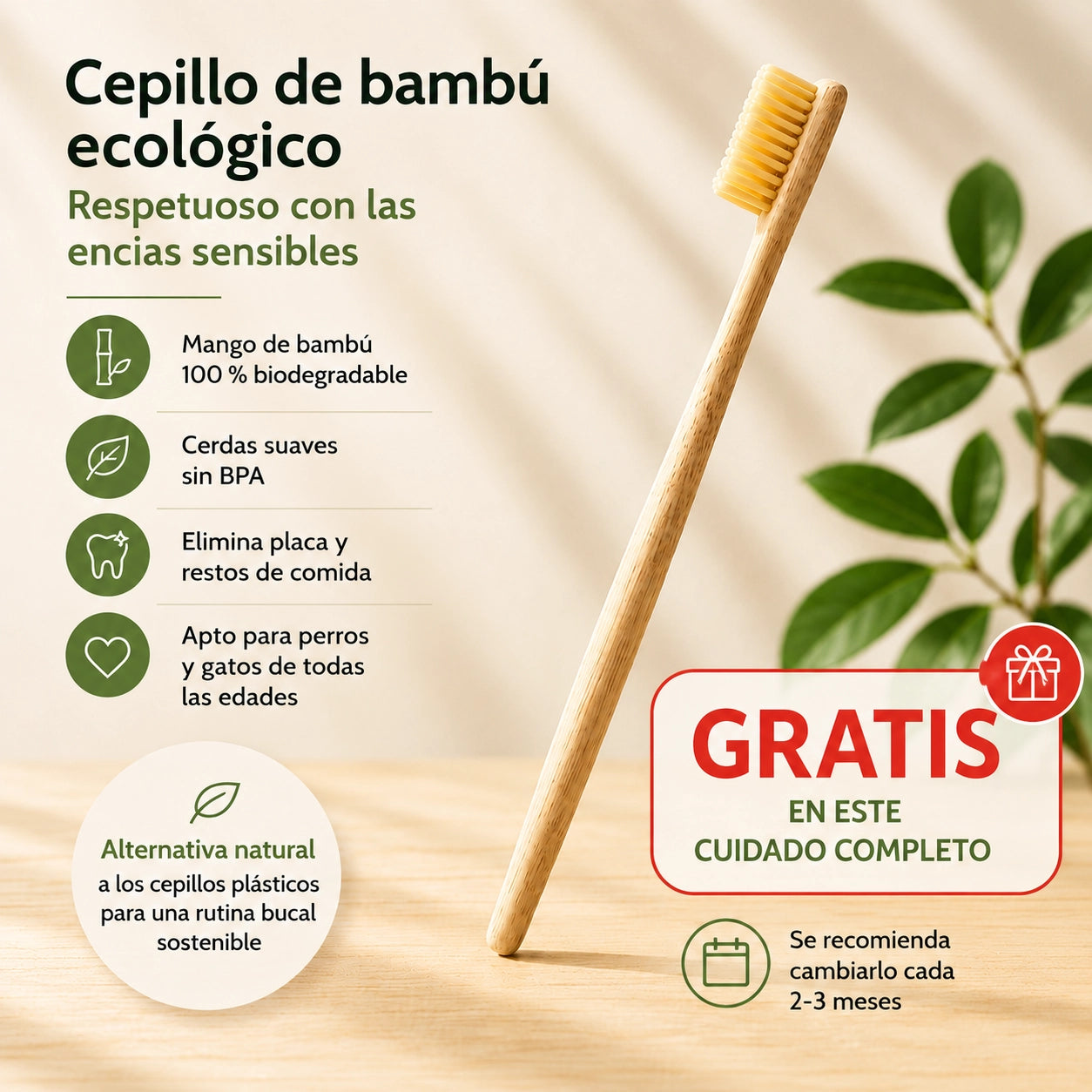 Cepillo de bambú ecológico gratuito incluido en el cuidado completo dental natural para perros y gatos de Anton Loyal Companions.