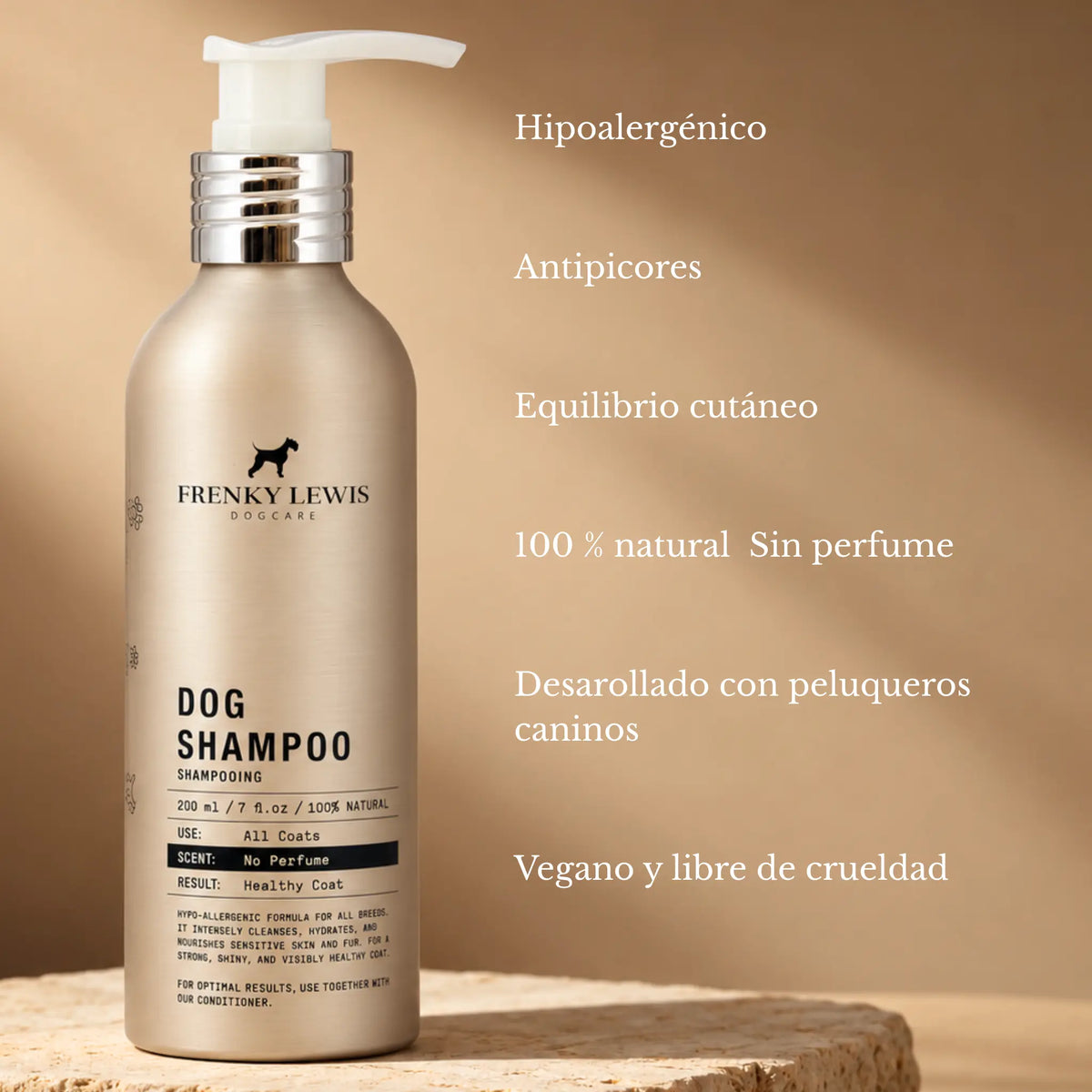 Champú hipoalergénico para perros Frenky Lewis de 200 ml, sin perfume, con fórmula 100 % natural que ayuda a aliviar los picores y mantener el equilibrio de la piel.