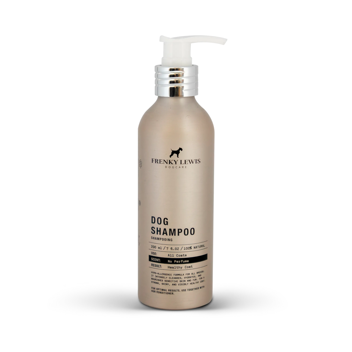 Champú hipoalergénico para perros Frenky Lewis No Perfume de 200 ml, en frasco beige con dosificador blanco y detalles plateados.