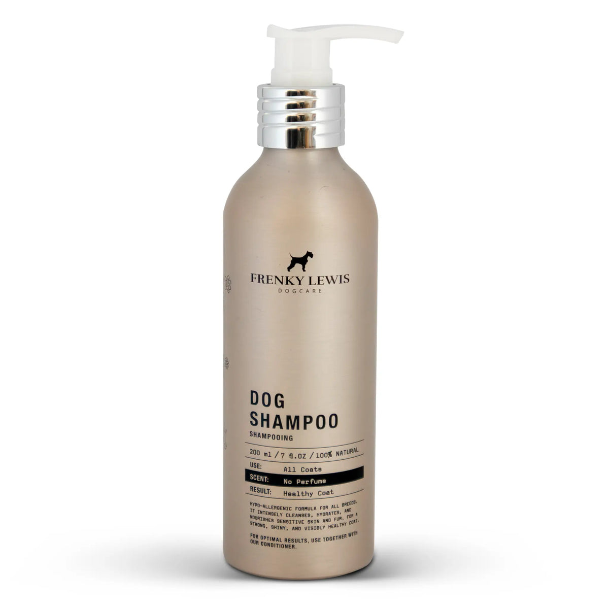 Champú hipoalergénico sin perfume Frenky Lewis para perros, en envase beige de 200 ml con dosificador blanco, sobre fondo blanco.