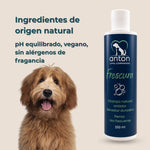 Champú natural antiolor Frescura ANTON Loyal Companions para perros con ingredientes de origen natural. Fórmula con pH equilibrado, vegana y sin alérgenos de fragancia.