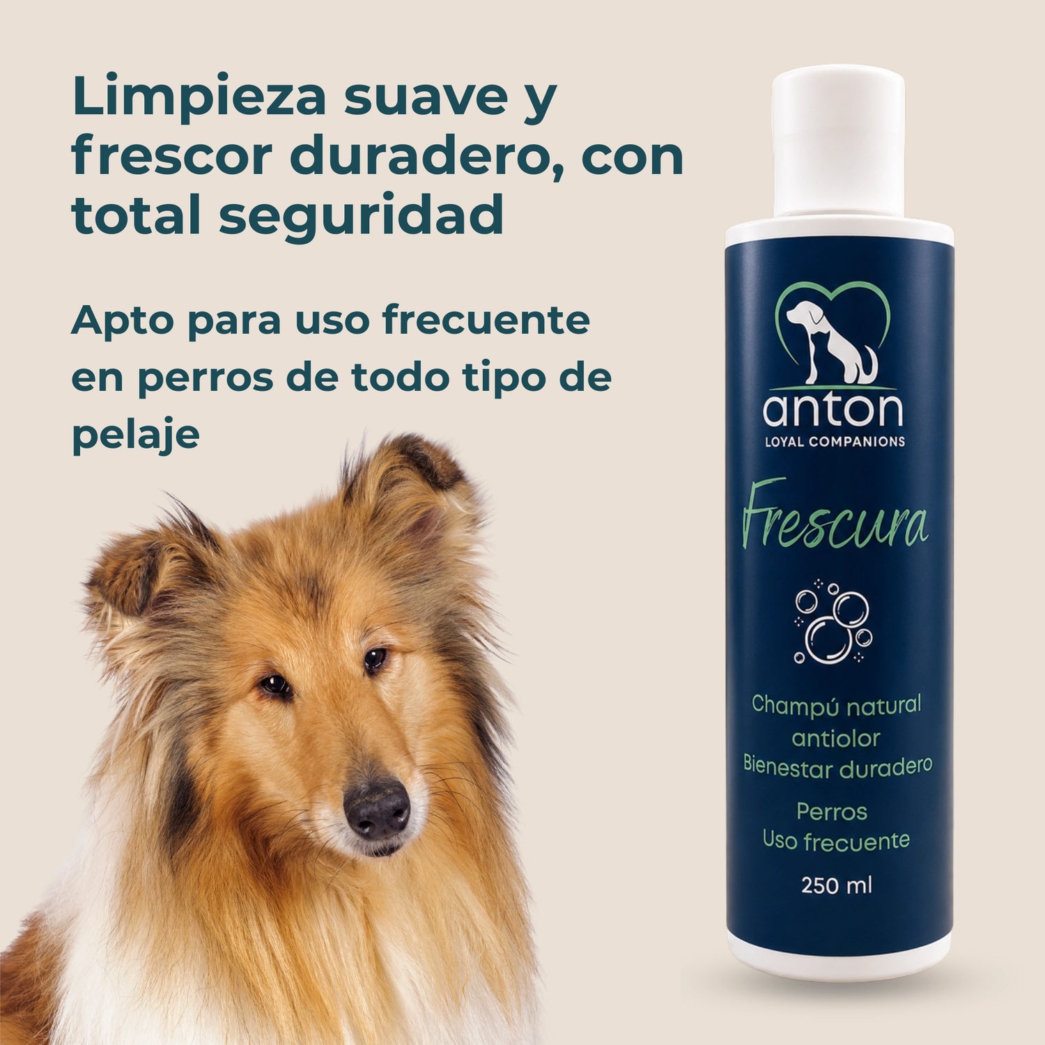Champú natural antiolor Frescura ANTON Loyal Companions para perros. Limpieza suave, frescor duradero y apto para el uso frecuente en todo tipo de pelaje.