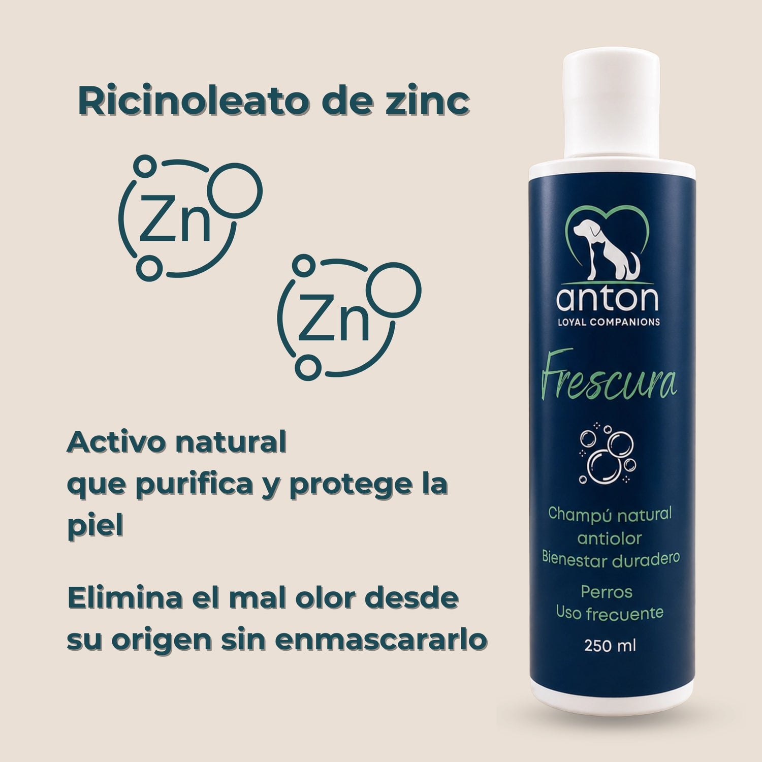 Champú natural antiolor Frescura ANTON Loyal Companions para perros con ricinoleato de zinc. Ayuda a neutralizar el mal olor desde su origen y protege la piel con un activo de origen natural.