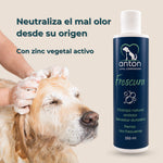 Champú natural antiolor Frescura ANTON Loyal Companions para perros con zinc vegetal activo. Ayuda a neutralizar el mal olor desde su origen y proporciona una sensación de frescor duradero.