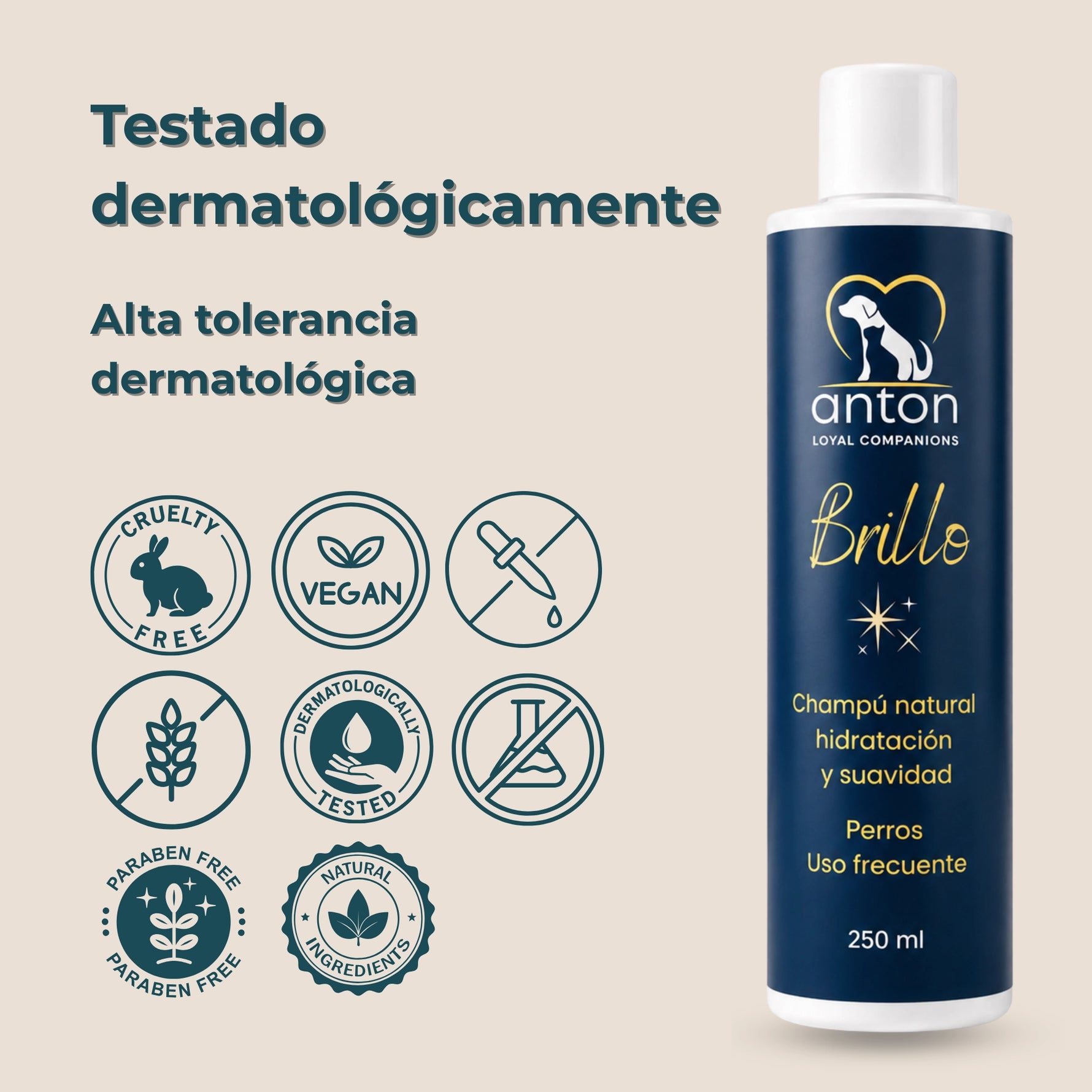 Champú natural Brillo ANTON Loyal Companions para perros. Fórmula dermatológicamente testada, de alta tolerancia, con pH equilibrado, vegana y apta para el uso frecuente.