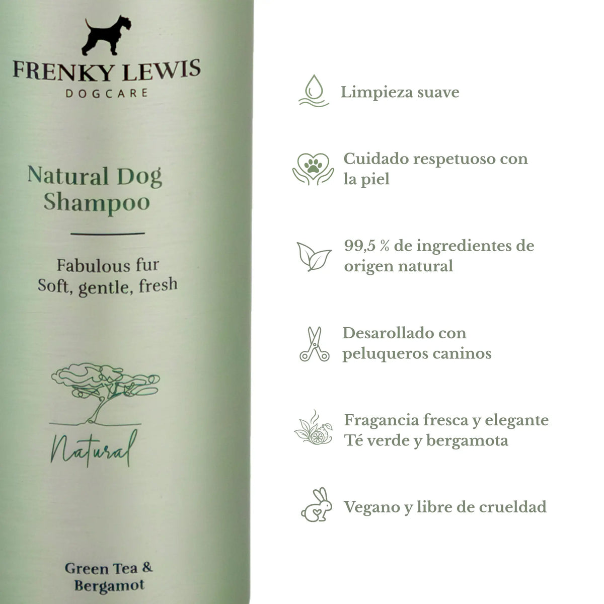 Champú natural para perros Frenky Lewis Green Tea & Bergamot, con limpieza suave, cuidado de la piel, 99,5 % de ingredientes de origen natural y fragancia de té verde y bergamota.