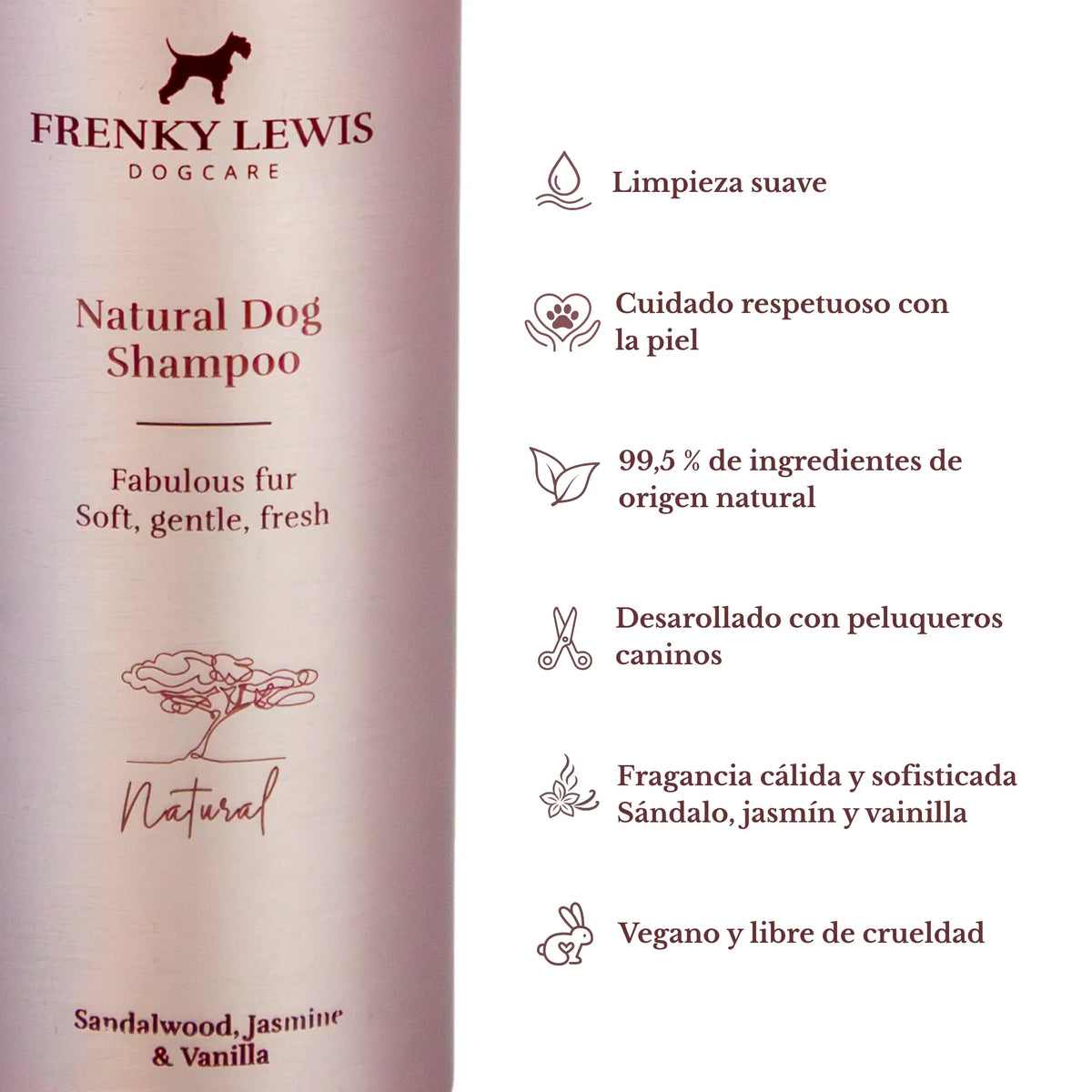 Champú para perros Frenky Lewis Sandalwood, Jasmine & Vanilla con sus beneficios: limpieza suave, cuidado de la piel, 99,5 % de ingredientes de origen natural y fórmula vegana.