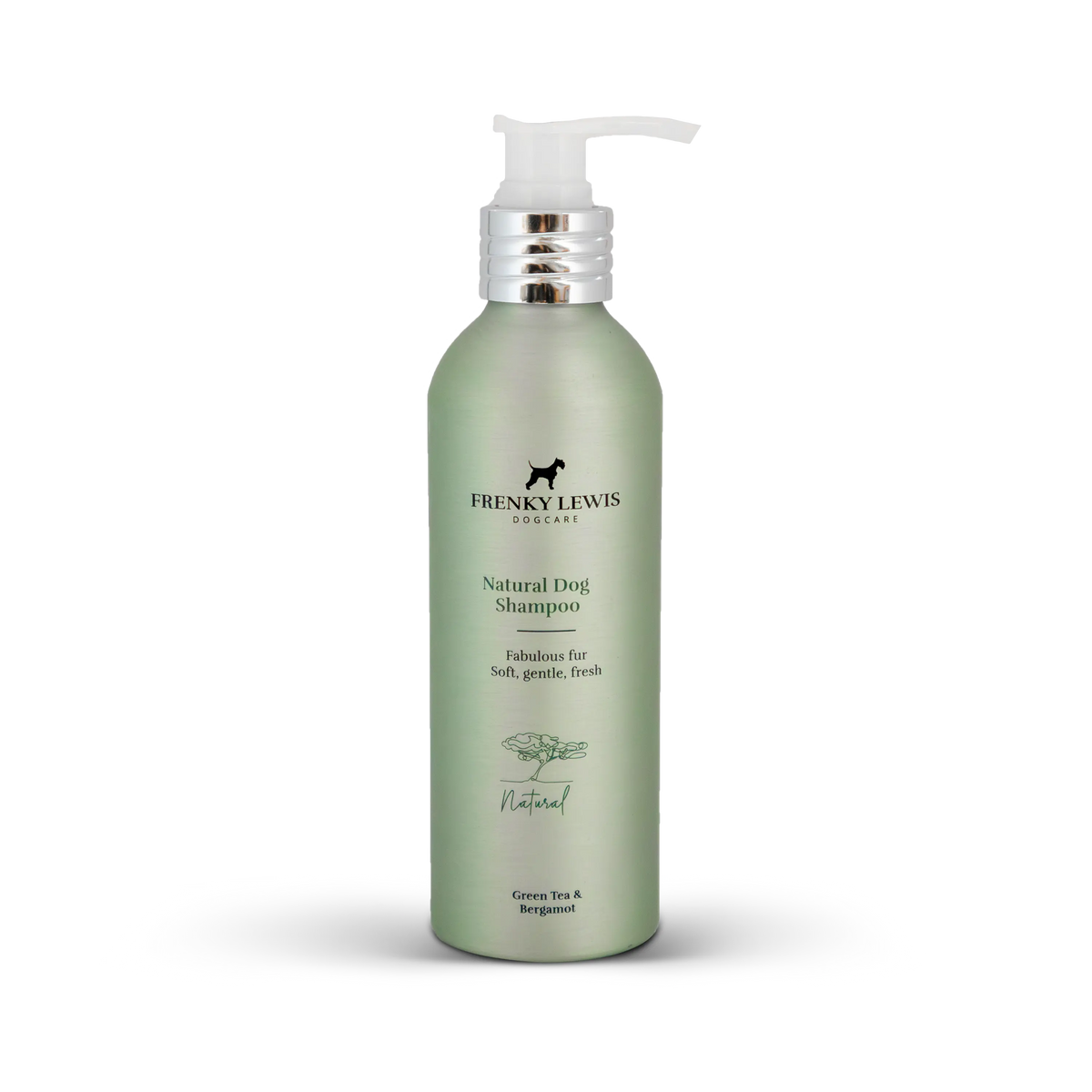Champú natural para perros Frenky Lewis Green Tea & Bergamot de 200 ml, en frasco verde con dosificador blanco y detalles plateados.