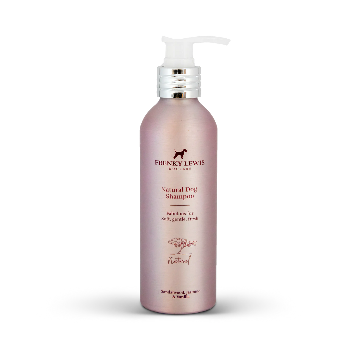 Champú natural para perros Frenky Lewis Sandalwood, Jasmine & Vanilla de 200 ml, en frasco rosa con dosificador.