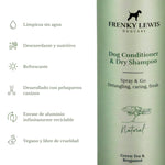 Champú seco y acondicionador para perros Frenky Lewis Green Tea & Bergamot, con beneficios de limpieza sin agua, efecto desenredante y nutritivo, fórmula vegana y envase reciclable.