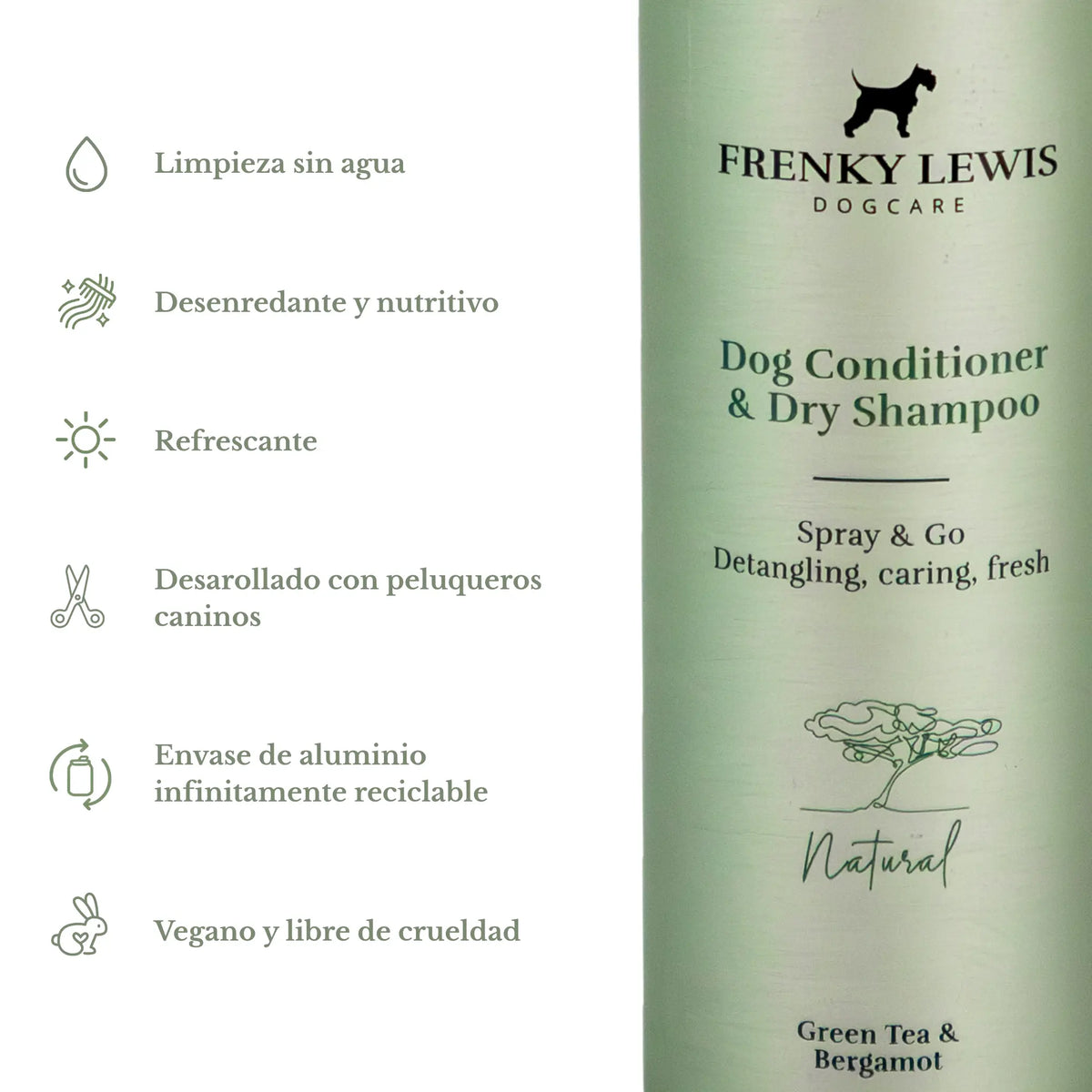 Champú seco y acondicionador para perros Frenky Lewis Green Tea & Bergamot, con beneficios de limpieza sin agua, efecto desenredante y nutritivo, fórmula vegana y envase reciclable.