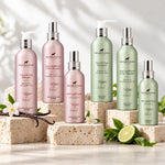 Gama Frenky Lewis para perros con champús, acondicionadores y sprays en las variedades Sandalwood, Jasmine & Vanilla y Green Tea & Bergamot, presentados en frascos rosas y verdes.
