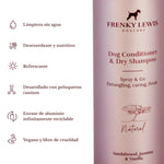 Champú seco y acondicionador para perros Frenky Lewis Sandalwood, Jasmine & Vanilla, con limpieza sin agua, acción desenredante y nutritiva, fórmula vegana y envase reciclable.