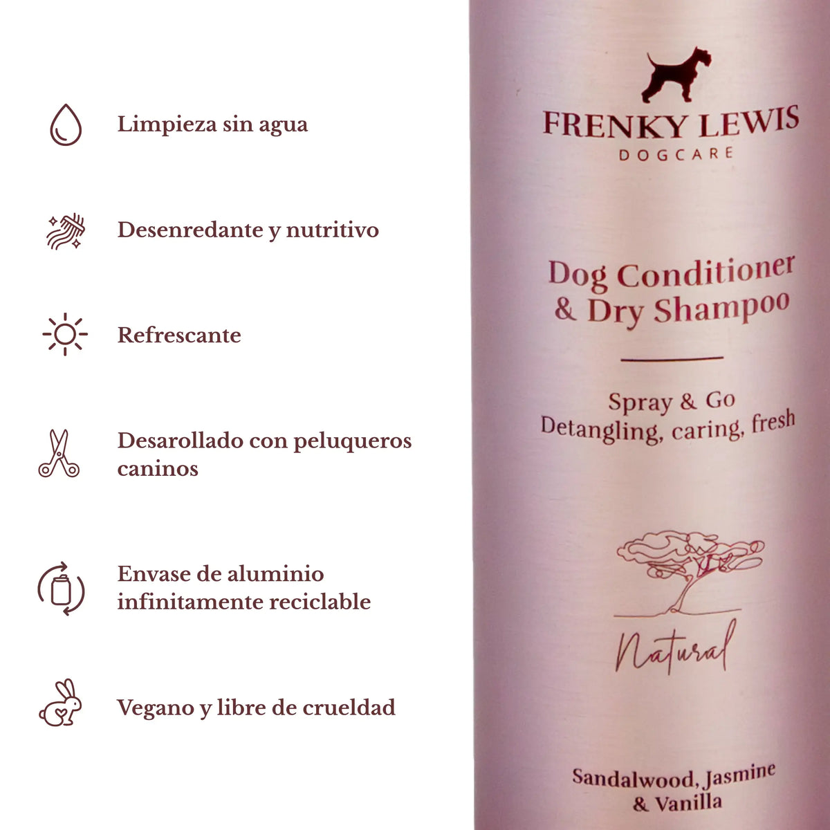 Champú seco y acondicionador para perros Frenky Lewis Sandalwood, Jasmine & Vanilla, con limpieza sin agua, acción desenredante y nutritiva, fórmula vegana y envase reciclable.