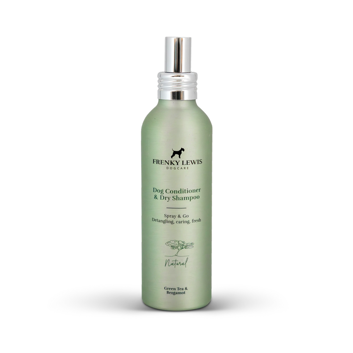 Champú seco y acondicionador para perros Frenky Lewis Green Tea & Bergamot de 150 ml, en frasco verde con pulverizador plateado.