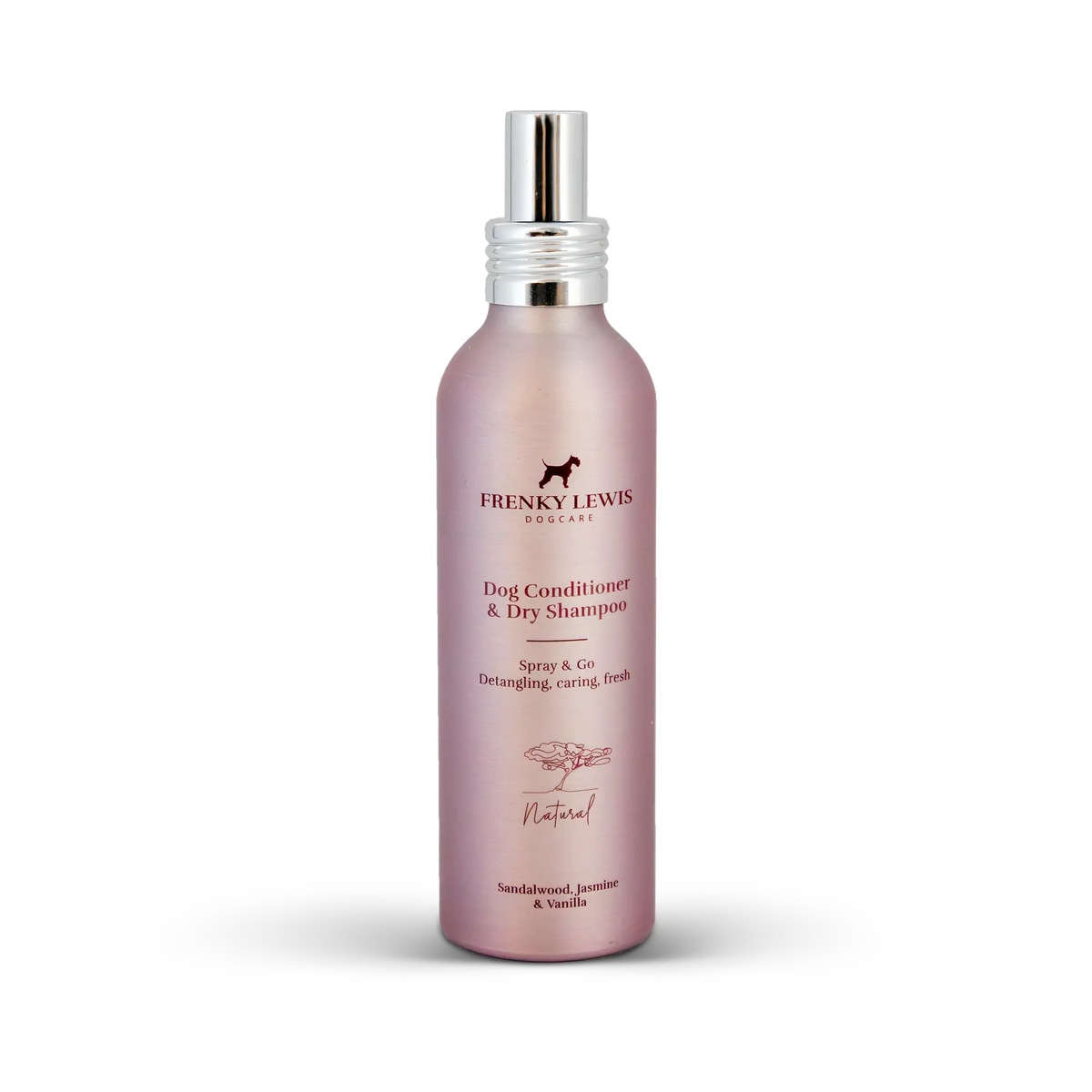 Champú seco y acondicionador para perros Frenky Lewis Sandalwood, Jasmine & Vanilla de 150 ml, en frasco rosa con pulverizador plateado.
