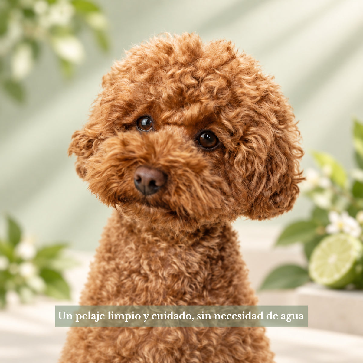 Perro de pelo rizado color apricot con pelaje limpio y cuidado, rodeado de flores y bergamota, ilustrando el cuidado sin agua con el champú seco Frenky Lewis.